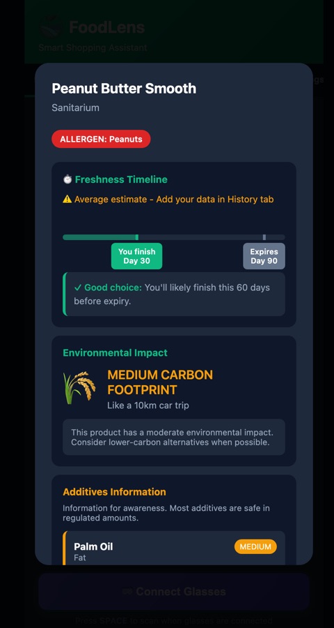 Product overlay with allergen alert and freshness timeline