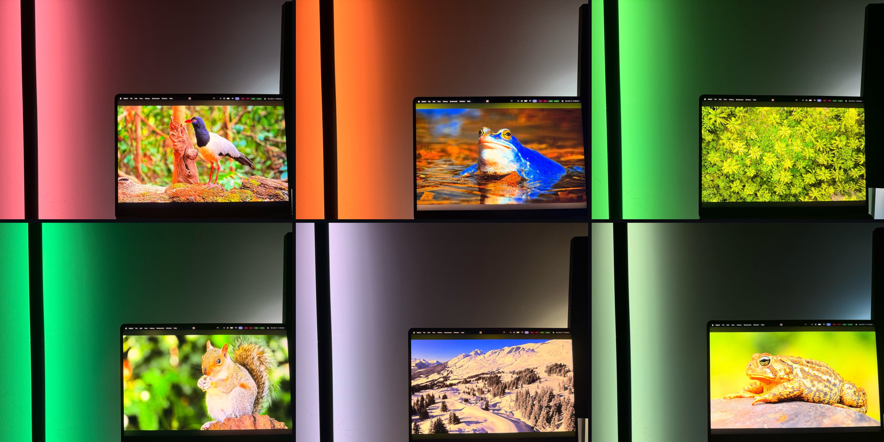 Same bar, six screens: the LED bar glows pink, orange, green, green, white and soft green to match the laptop